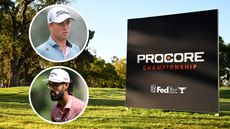 A Procore Championship board, with Justin Thomas and Akshay Bhatia walking the fairway