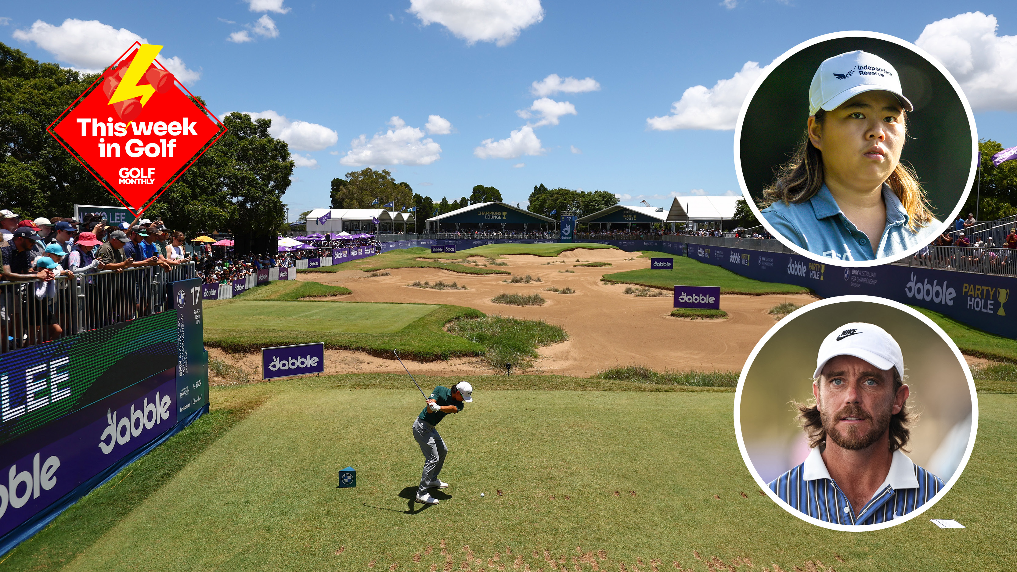 Main image of Min Woo Lee hitting at the par-3 17th at Royal Queensland Golf Club with inset headshots of Shannon Tan (upper right) and Tommy Fleetwood (bottom right)