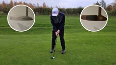 Side-on angle of Jonny Leighfield putting (main image) with inset photos of a milled-face putter (top left) and an insert-face putter (top right)