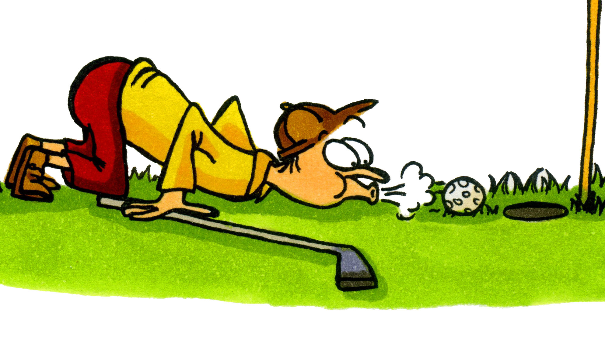 an illustration of a golfer cheating by blowing a ball into the hole