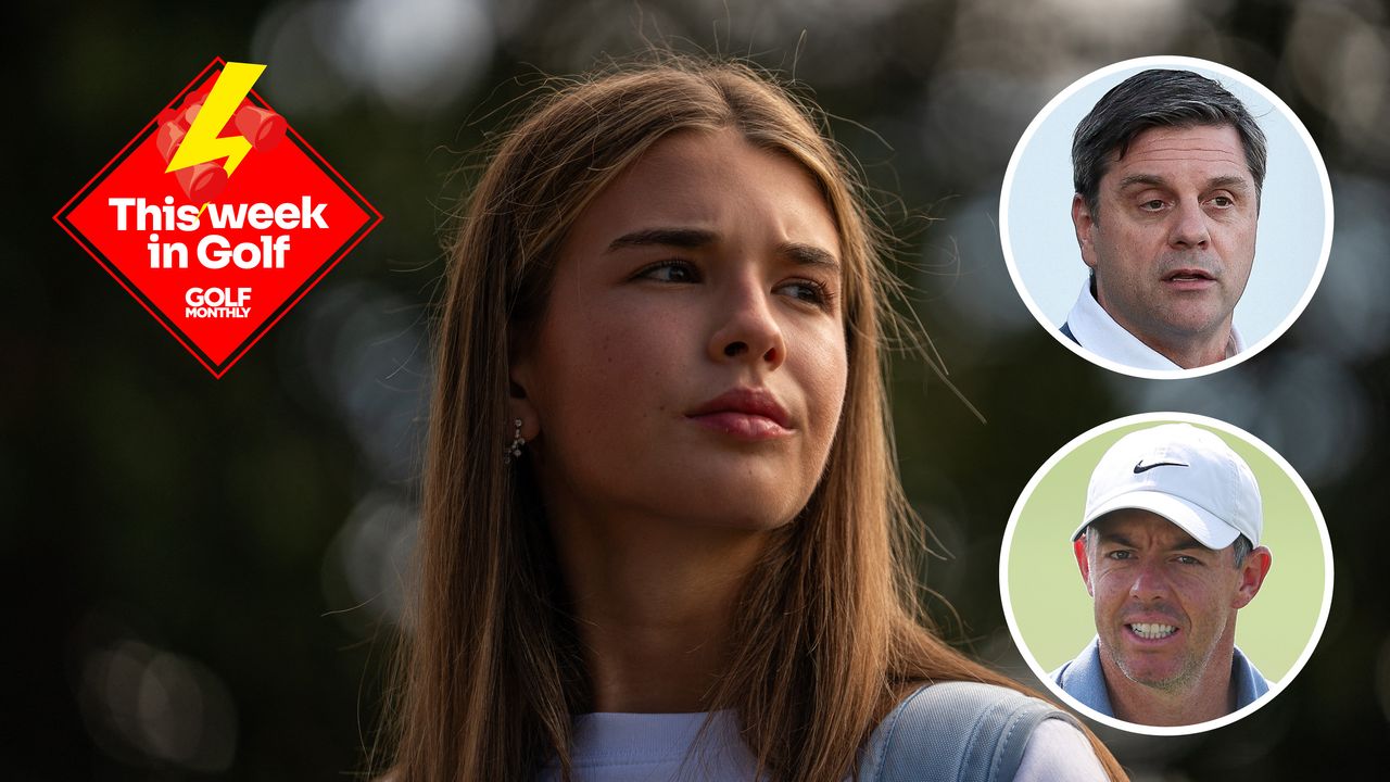 Main image of Kai Trump with inset headshots of Brian Rolapp (top right) and Rory McIlroy (bottom right)