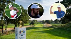 The Ryder Cup trophy on the 18th tee at Bethpage Black and insets of Russell Henley, Patrick Cantlay and Viktor Hovland