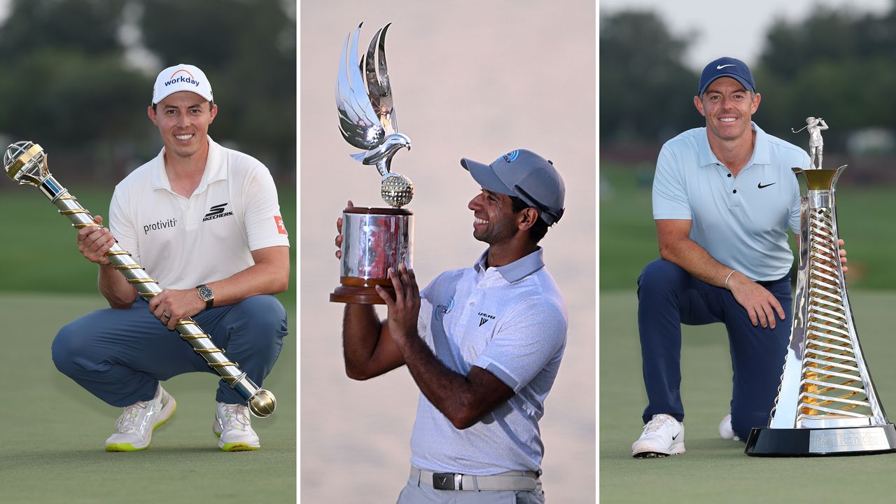 (L to R) Matt Fitzpatrick posing with the DP World Tour Championship trophy, Aaron Rai holding up the Abu Dhabi HSBC Championship trophy and Rory McIlroy kneeling beside the Race To Dubai