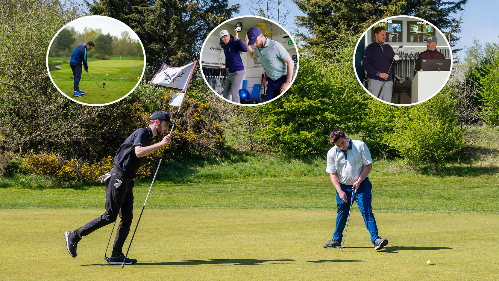 A golfer walks in a putt and three circles feature above it of a golfer hitting a golf ball, having a lesson and having a custom fitting