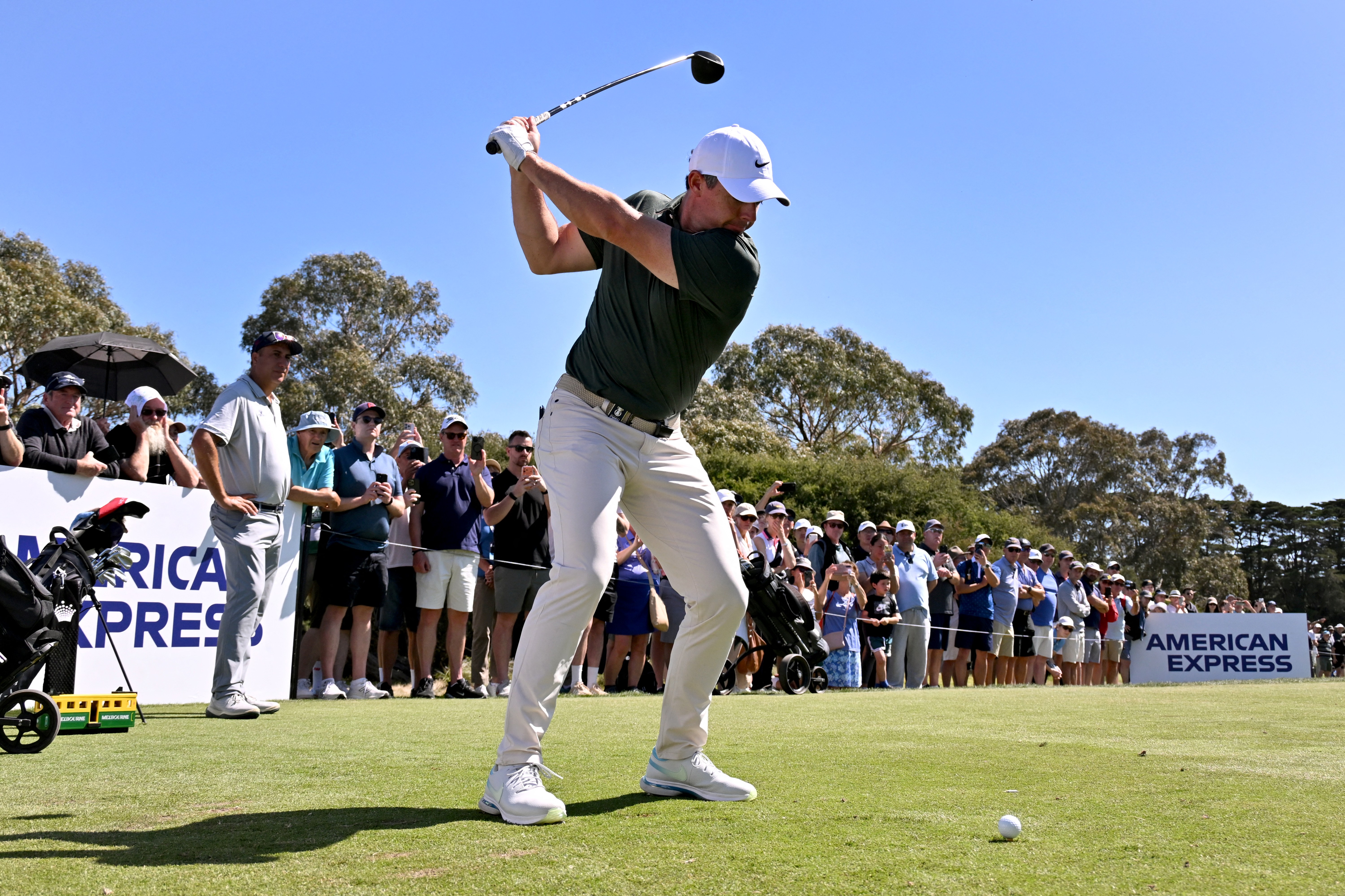 Rory McIlroy hits a tee shot in practice for the 2025 Australian Open