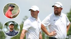 Main image of Rory McIlroy and Shane Lowry looking left at the 2025 Zurich Classic of New Orleans with inset images of Andy Sullivan (top left) and Richard Mansell (bottom left)