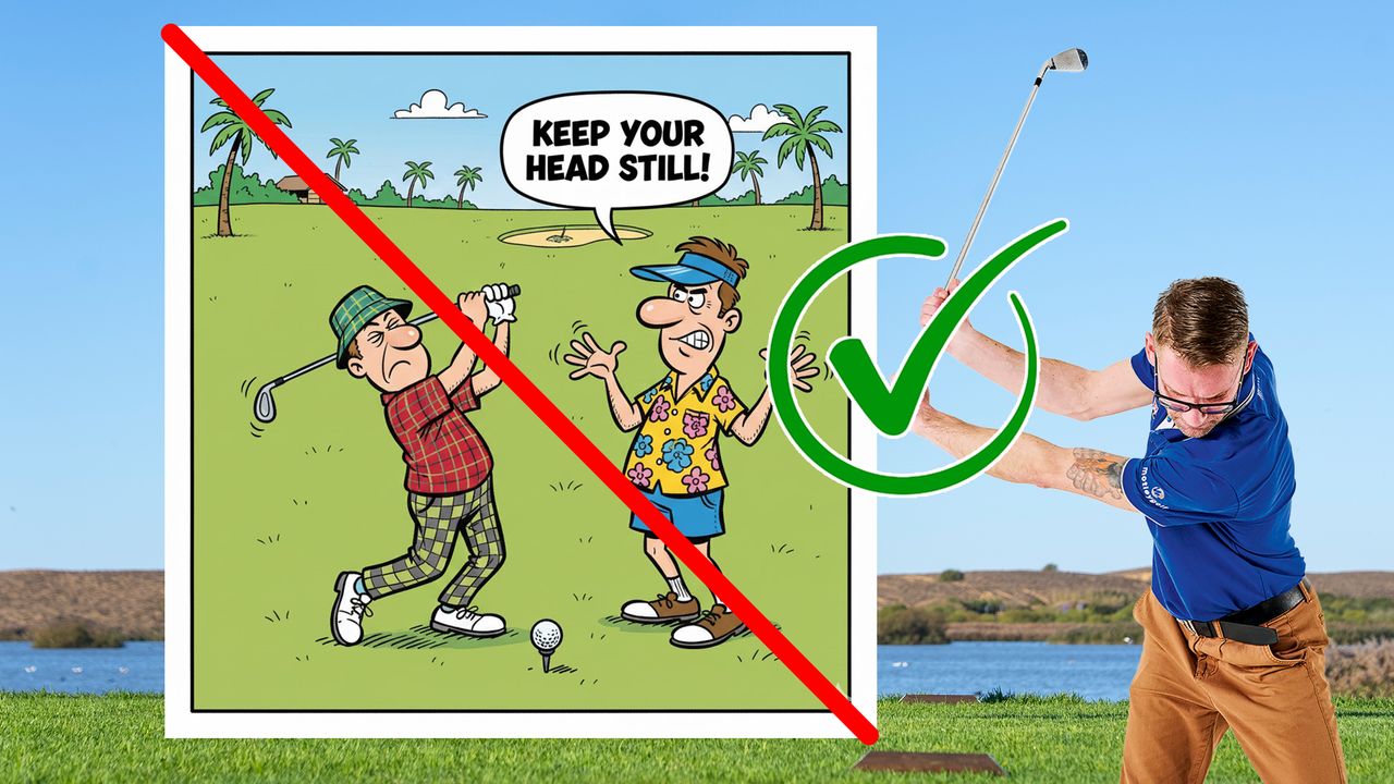 A cartoon of a golfer receiving misguided golf cliche golf advice, with a red line through to indicate its inaccuracy, with an inset image of expert Tom Motley demonstrating what amateurs should do with their hands to achieve better ball striking in golf