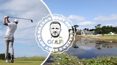 An image of Bazza's best bets outright winner selection for the Irish Open 2025, Haotong Li, hitting a tee shot with driver and an image of the K Club, host venue of the Irish Open 2025, with a Bazza's best bets logo badge layered over the top
