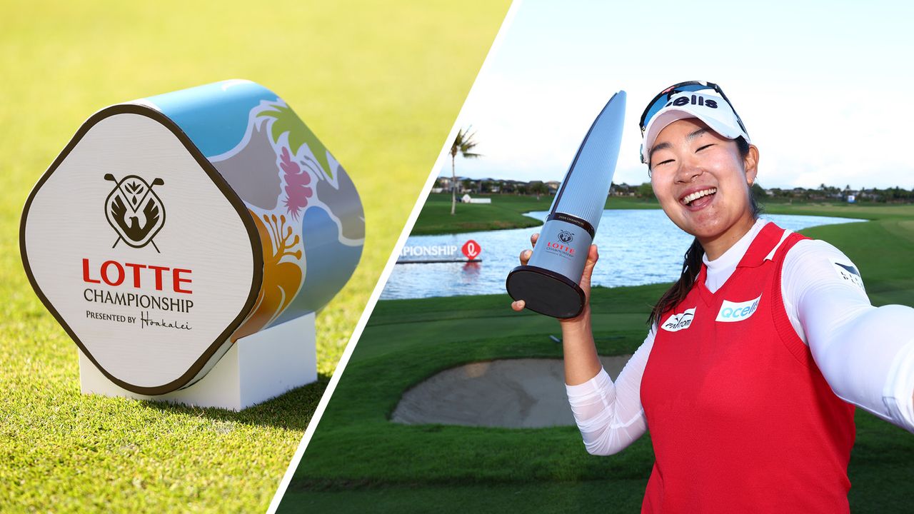A LOTTE Championship tee marker (left) and A Lim Kim takes a selfie while holding the Lotte Championship trophy in 2024 (right)