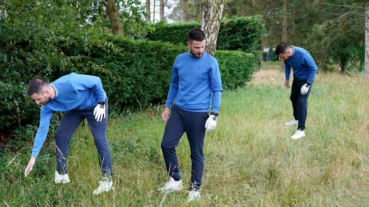 Three images of Baz Plummer searching for a lost golf ball in the rough on the golf course